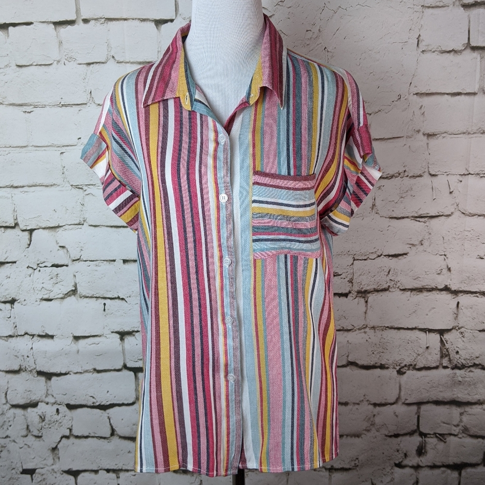 Aqua Multi Colored Striped Button Down - Picture 6 of 12